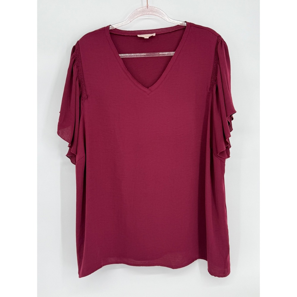 Blousology Womens Burgundy V-Neck Flutter Sleeve Smockedβ Shoulder Blouse Sz 3X